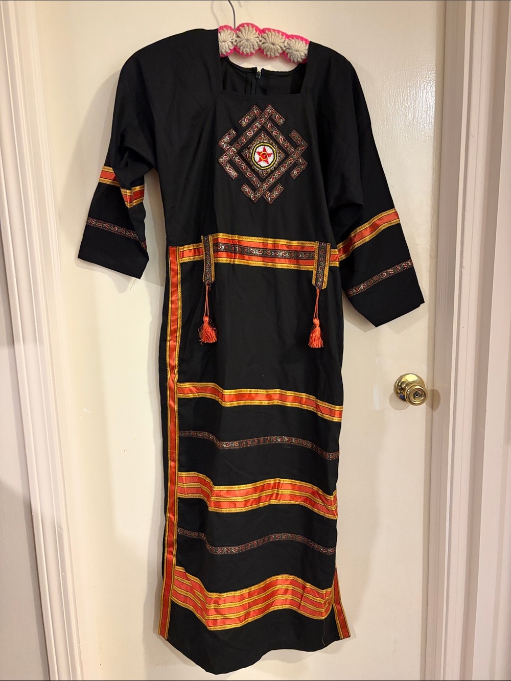 Black Long Sleeve Embroidered Maxi Dress with Orange Accents